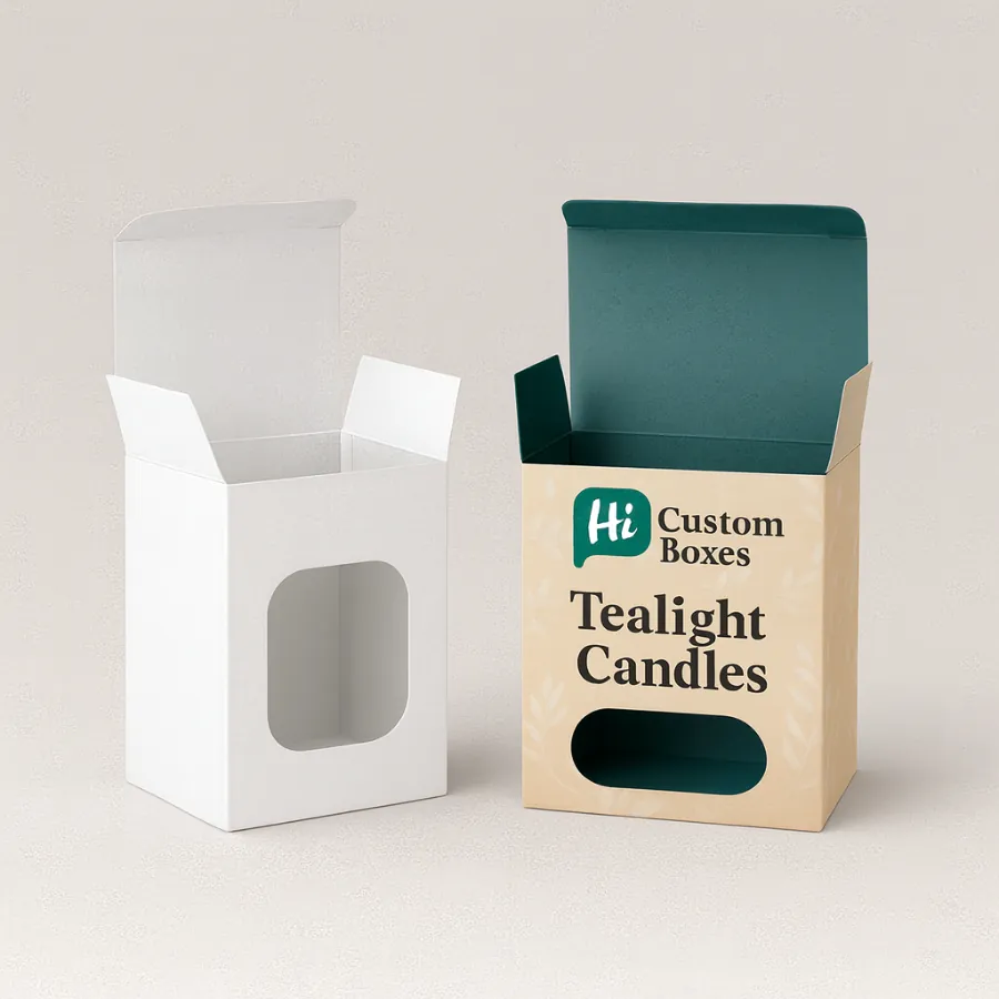 Tall white box and a decorated box with a rectangular cutout for viewing tealight candles- class=